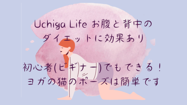 イラストの女性がヨガの猫のポーズをとっている。「Uchiga Life お腹と背中の ダイエットに効果あり 初心者(ビギナー)でもできる！ ヨガの猫のポーズは簡単です」と書かれている。