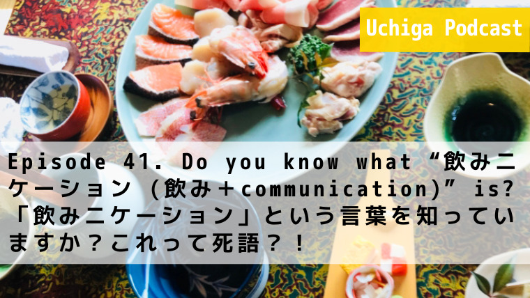 魚介類や肉類が盛られた日本の鍋料理などが並んでいる。その前に『Episode 41. Do you know what “飲みニケーション (飲み＋communication)” is? 「飲みニケーション」という言葉を知っていますか？これって死語？！』と書かれている