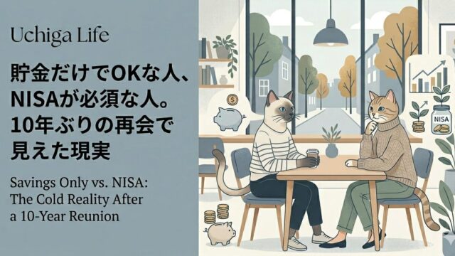 Uchiga podcast 126のアイキャッチ画像。猫の女性2人が、貯金と新NISAについて話している。