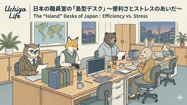 Uchiga Podcast127. 日本の職員室の「島型デスク」〜便利さとストレスのあいだ〜と書かれている。