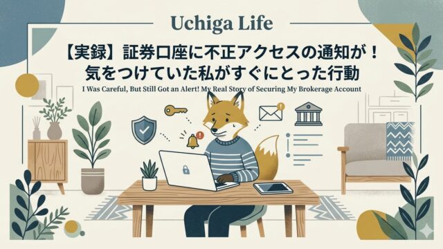 キツネの女性がオンラインの証券口座の自分のサイトを見て、困っている画像。【実録】証券口座に不正アクセスの通知が!気をつけていた私がすぐにとった行動 I Was Careful, But Still Got an Alert! My Real Story of Securing My Brokerage Account
